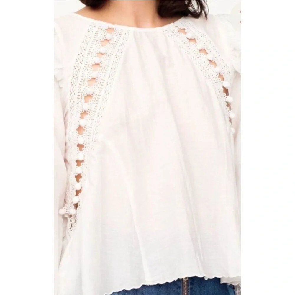 Sea New York Esther PomPom Ruffle Blouse in White Ivory